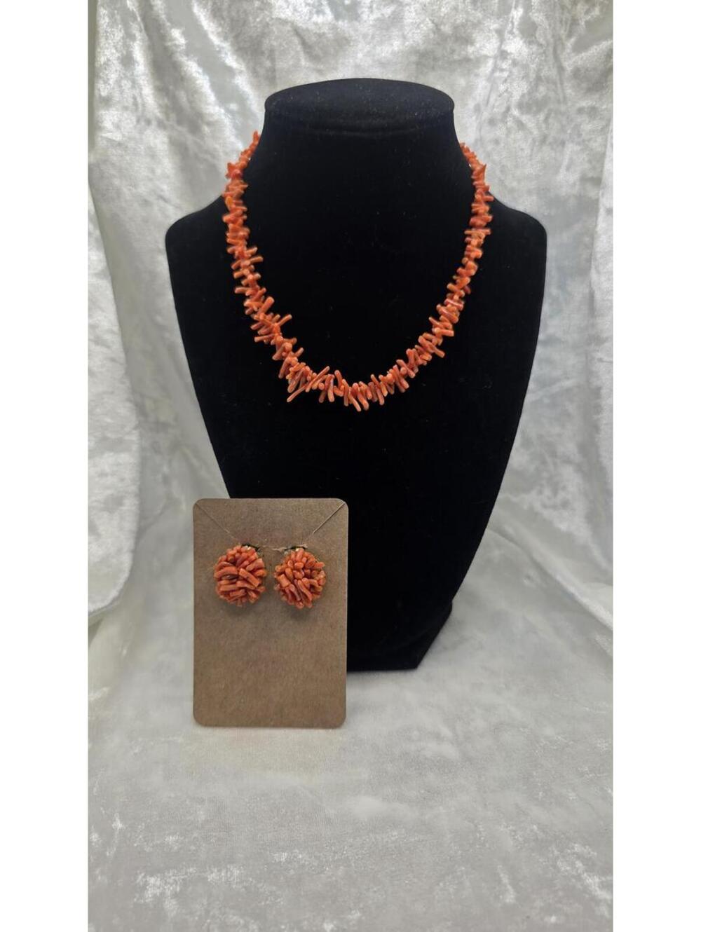 Vintage Coral Chip Necklace Earrings Set Orange Red Branch Coral Style Jewelry